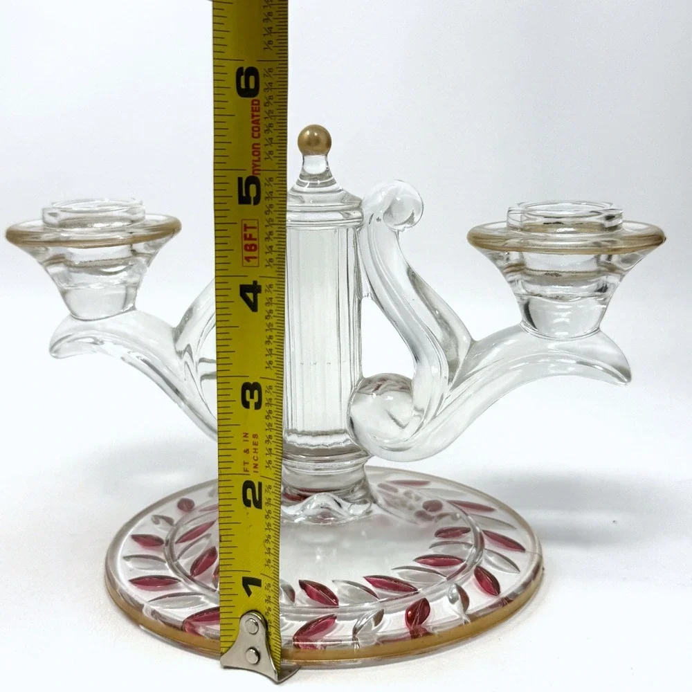 Indiana Glass Laurel‎ Double Arm Candle Holder Set 2 Gold Red Trim Accent 40s